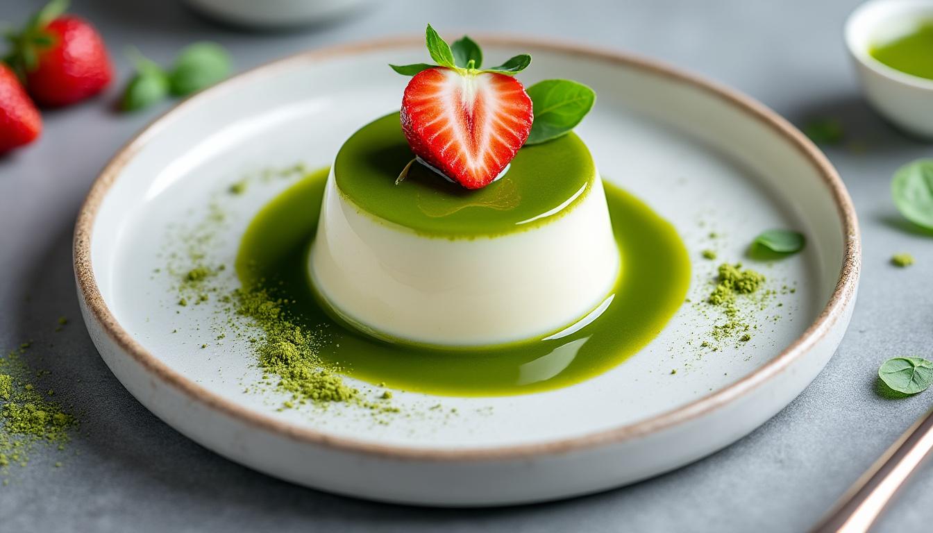 découvrez la panna cotta au thé matcha, un dessert onctueux alliant la douceur de la crème à l'amertume délicate du thé matcha. offrez-vous une expérience gustative unique avec ce mariage subtil des saveurs, parfait pour impressionner vos invités ou vous faire plaisir !
