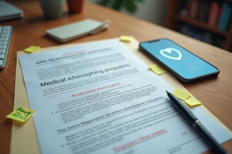 Bureau domestique avec documents médicaux, smartphone et notes manuscrites sur la confidentialité des analyses de laboratoire