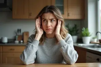 Femme tenant sa main contre son oreille gauche avec une expression préoccupée, illustrant un sifflement dans l'oreille gauche