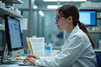 Technicienne de laboratoire consultant des données médicales confidentielles sur ordinateur dans un laboratoire clinique moderne