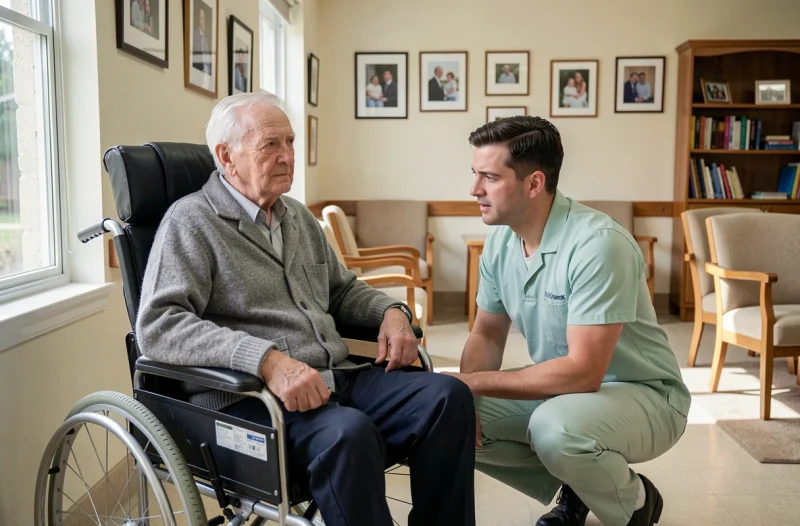 Soignant accompagnant un patient âgé atteint d'Alzheimer avancé dans une résidence de soins spécialisés
