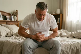 Homme adulte assis sur le bord d'un lit tenant son ventre avec une expression de douleur abdominale due à la constipation
