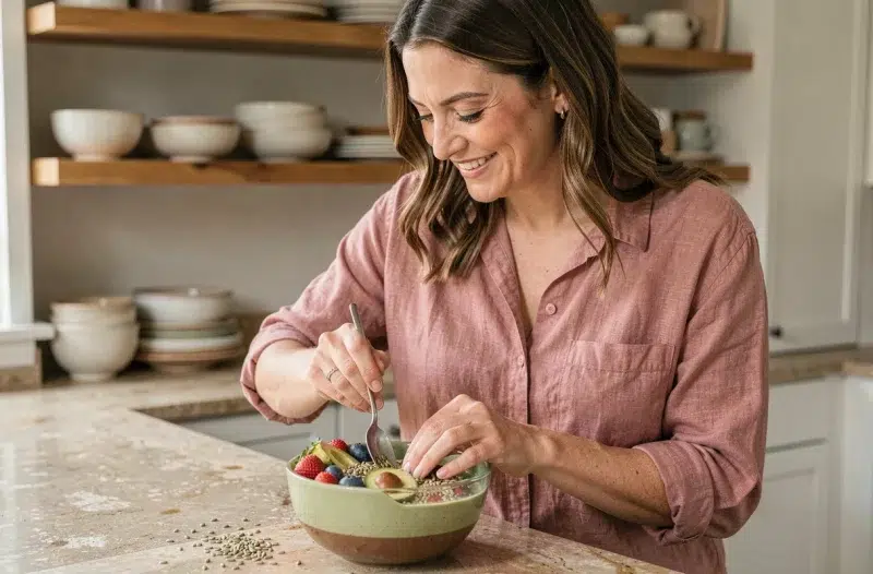 Femme préparant un repas riche en nutriments pour nourrir la peau de l'intérieur et prévenir les vergetures naturellement