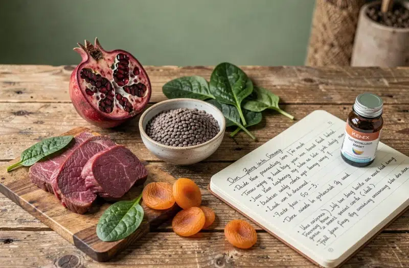 Composition d'aliments riches en fer pour la grossesse incluant lentilles, épinards, grenade, viande et suppléments de fer prénataux sur un comptoir en bois
