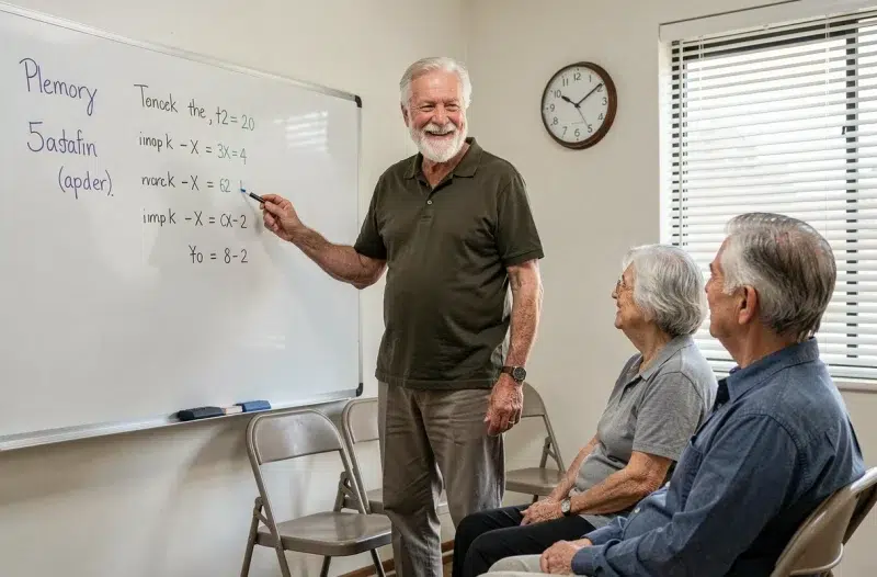 Homme senior animant un atelier mémoire devant un tableau blanc avec des participants âgés attentifs