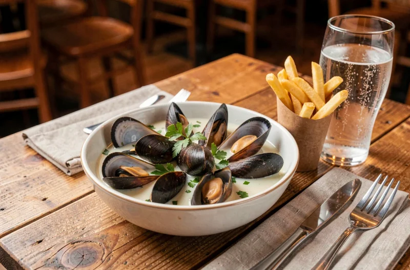 Assiette de moules frites au restaurant, plat traditionnel belge servi avec un verre d'eau