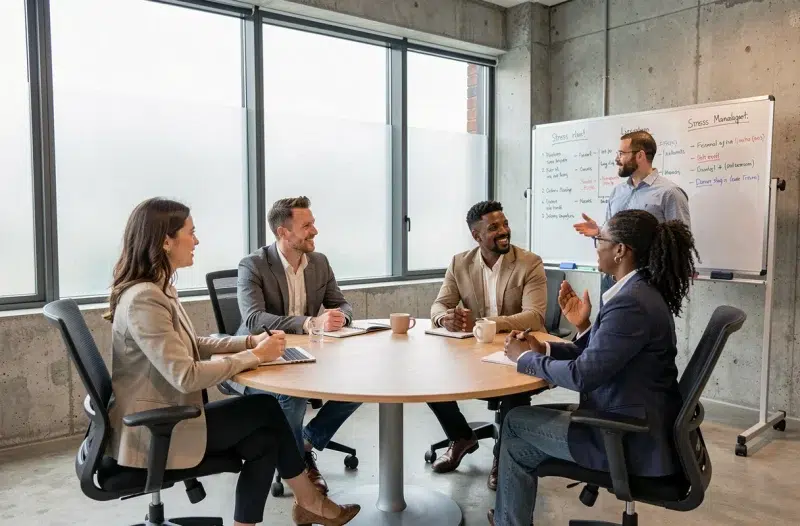 Atelier de bien-être mental en entreprise animé par un psychologue du travail avec un groupe de professionnels