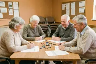 Groupe de seniors participant à un atelier mémoire autour d'une table avec des jeux de cartes cognitifs dans un centre communautaire