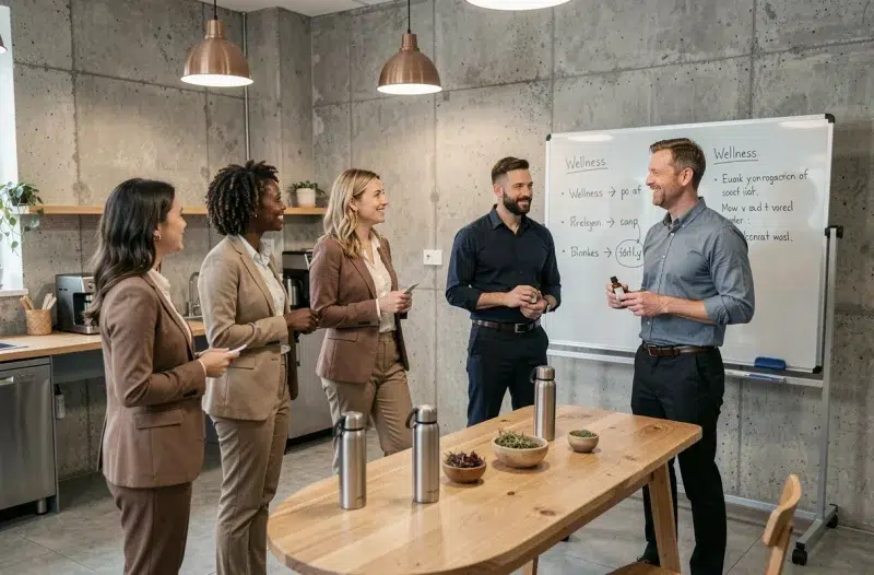 Atelier de prévention en naturopathie animé par un naturopathe pour des employés dans une salle de pause d'entreprise moderne