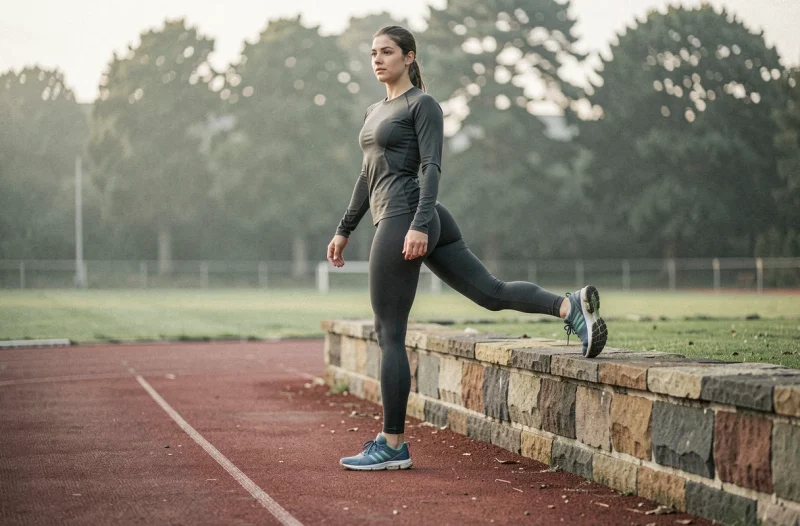 Athlète féminine effectuant un étirement du mollet pour prévenir la douleur au talon sur une piste d'athlétisme