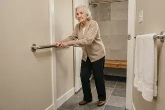 Femme âgée utilisant une barre d'appui dans une salle de bain aménagée pour prévenir les chutes