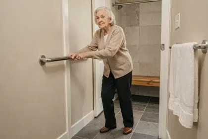 Femme âgée utilisant une barre d'appui dans une salle de bain aménagée pour prévenir les chutes