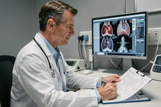 Cardiologue consultant un dossier médical après pose de stent coronarien, illustrant le suivi post-opératoire cardiovasculaire
