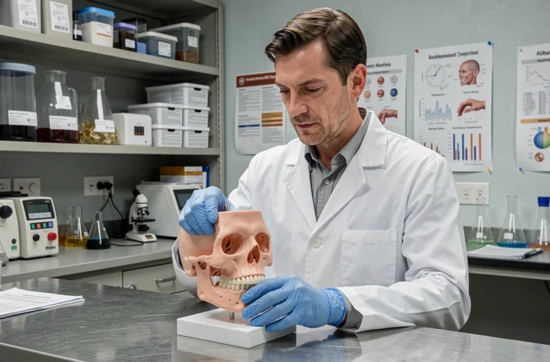 Chercheur médical étudiant un modèle anatomique de la mâchoire en laboratoire universitaire dans le cadre de nouvelles recherches médicales