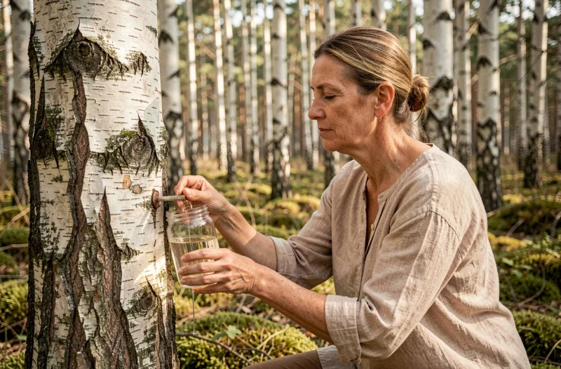 Femme collectant de la sève de bouleau directement sur un arbre en forêt