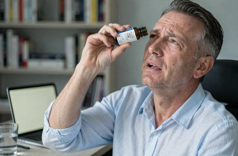 Homme appliquant un collyre classique dans son œil droit, assis à son bureau à domicile pour soulager une fatigue oculaire