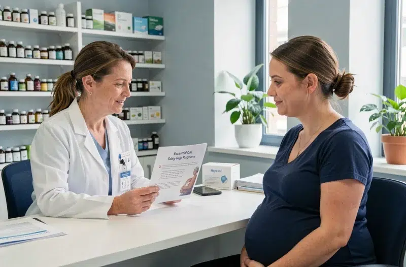 Une sage-femme conseille une femme enceinte sur les précautions d'utilisation des huiles essentielles lors d'une consultation médicale