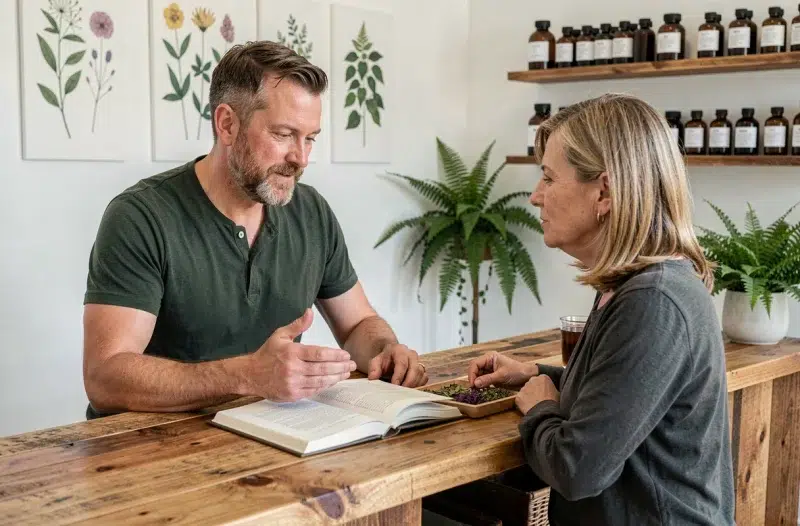 Herboriste conseillant une patiente lors d'une consultation dans un cabinet professionnel moderne de phytothérapie