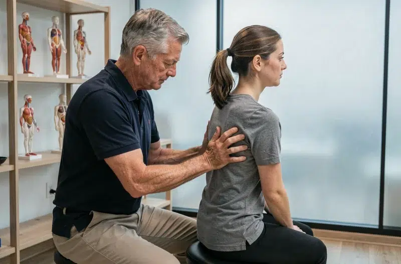 Ostéopathe masculin examinant le bas du dos d'une patiente assise lors d'une consultation ostéopathique