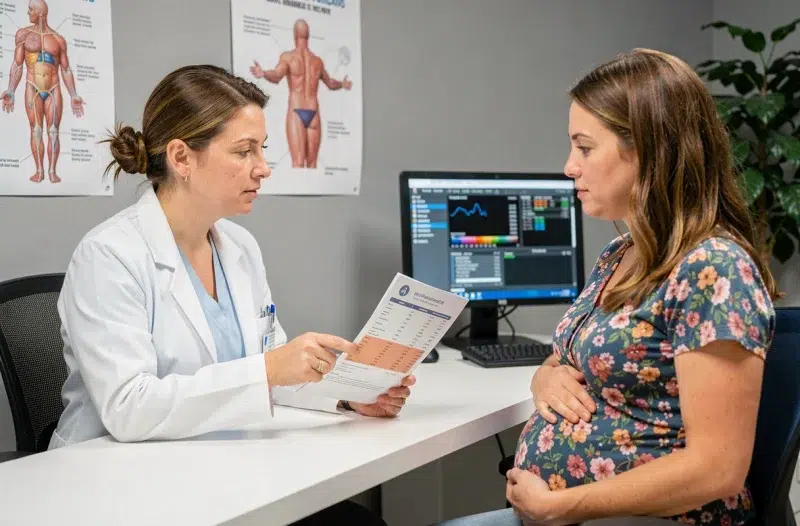 Médecin gynécologue expliquant les résultats d'analyse de fer à une femme enceinte lors d'une consultation prénatale