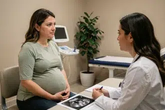 Femme enceinte en consultation prénatale avec sa gynécologue dans un cabinet médical moderne
