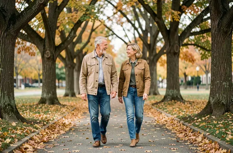 Couple de retraités se promenant ensemble dans un parc en automne, profitant sereinement de leur nouvelle liberté