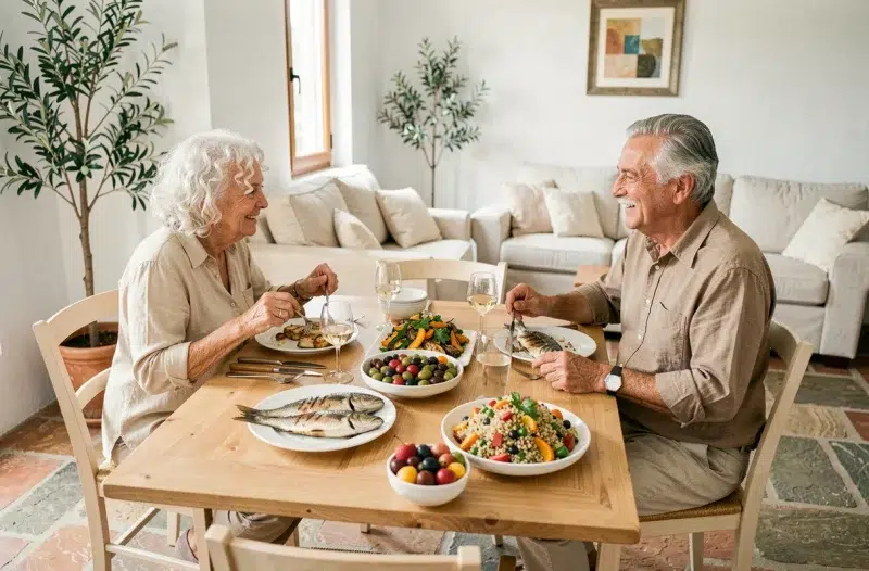 Couple de seniors partageant un repas méditerranéen équilibré et coloré pour favoriser la vitalité et la santé après 60 ans