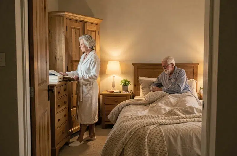 Couple de seniors préparant leur coucher dans leur chambre partagée, illustrant les rituels du soir favorisant un sommeil réparateur et le maintien de l'autonomie