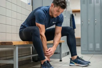 Coureur massant son talon pour soulager une talalgie après l'entraînement dans un vestiaire sportif