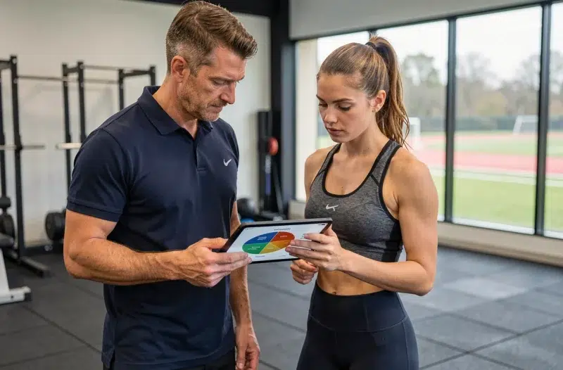 Un diététicien sportif et une coureuse analysent ensemble un bilan nutritionnel sur tablette dans un centre de performance