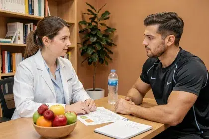 Une diététicienne et un sportif masculin discutent d'un plan nutritionnel personnalisé dans un cabinet de consultation moderne