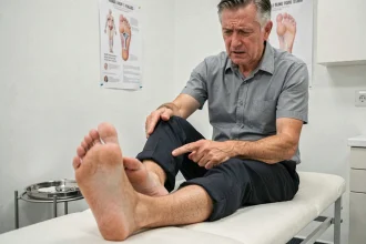 Patient en consultation podologique indiquant une douleur à l'arrière du talon, éperon calcanéen postérieur