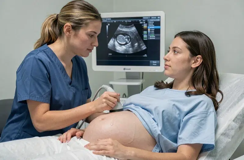 Échographie obstétricale réalisée par une échographiste sur une femme enceinte avec image du fœtus à l'écran