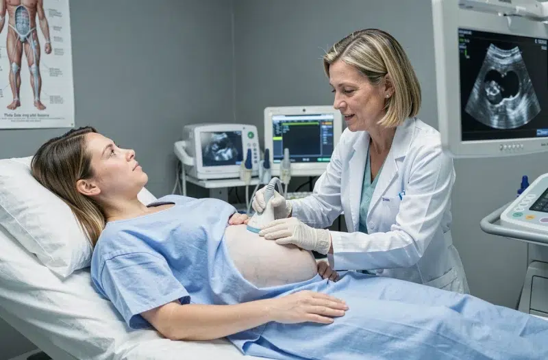 Femme enceinte lors d'une échographie médicale avec une obstétricienne, illustrant le suivi médical du développement du fœtus en période de stress maternel