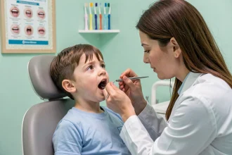 Un jeune garçon chez le dentiste pédiatrique qui examine ses dents qui jaunissent