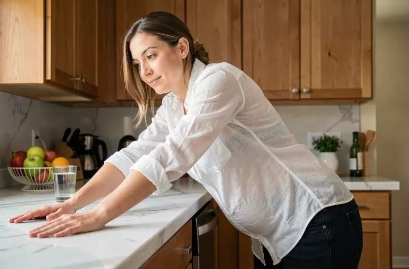 Femme enceinte effectuant un étirement du dos contre un plan de travail dans une cuisine moderne