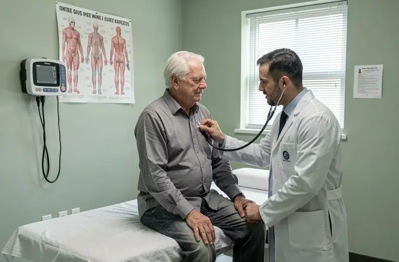 Homme âgé lors d'un examen médical de routine avec auscultation par un médecin généraliste