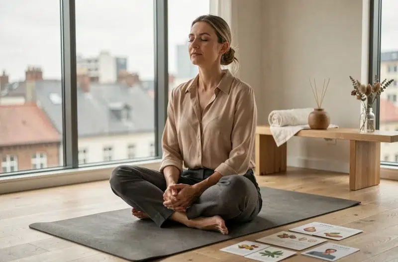 Employée pratiquant un exercice de respiration guidé par la naturopathie dans une salle de bien-être en entreprise