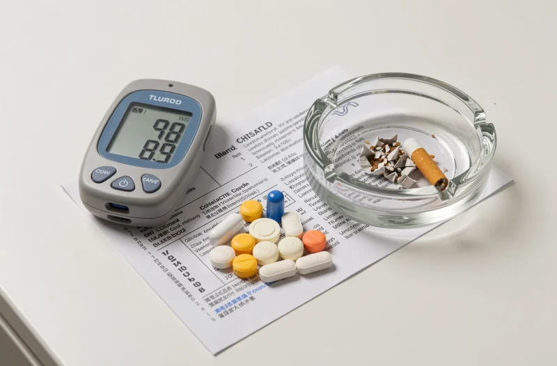 Glucomètre, médicaments contre le cholestérol et cigarette illustrant les facteurs de risque cardiovasculaire après pose de stent