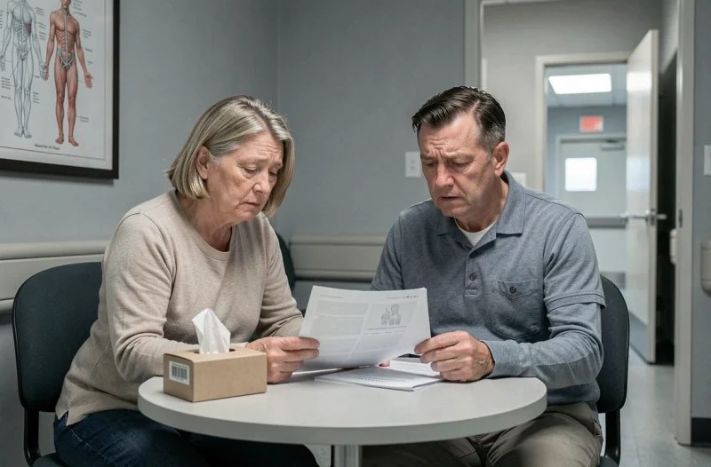 Famille discutant du pronostic en phase terminale d'Alzheimer avec des documents médicaux lors d'une consultation