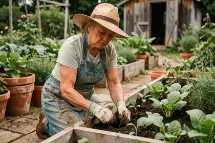 Femme de 75 ans faisant du jardinage dans un potager surélevé, développant équilibre et motricité fine