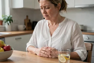 Femme tenant son ventre ballonné assise dans une cuisine moderne, illustrant les inconforts digestifs et les ballonnements persistants