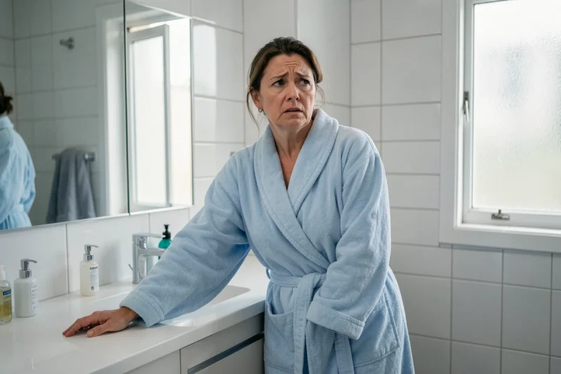 Femme adulte dans une salle de bain moderne exprimant une gêne abdominale liée à une constipation sévère