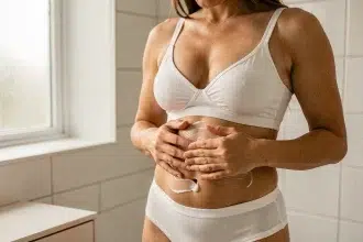 Femme appliquant une crème hydratante sur son ventre pour prévenir les vergetures dans une salle de bain moderne