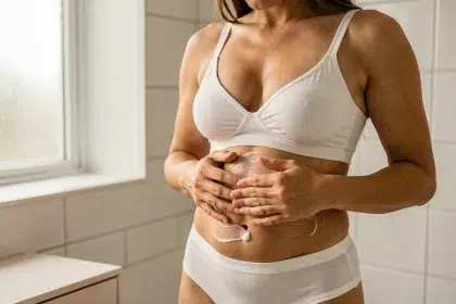 Femme appliquant une crème hydratante sur son ventre pour prévenir les vergetures dans une salle de bain moderne