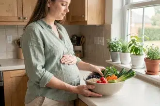 Femme enceinte préparant un repas équilibré dans sa cuisine avec des légumes frais et des céréales complètes