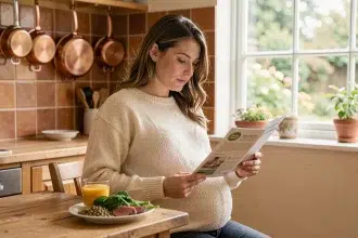 Femme enceinte assise à une table de cuisine tenant un verre de jus d'orange avec une assiette d'aliments riches en fer, illustrant les besoins nutritionnels durant la grossesse