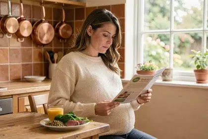 Femme enceinte assise à une table de cuisine tenant un verre de jus d'orange avec une assiette d'aliments riches en fer, illustrant les besoins nutritionnels durant la grossesse