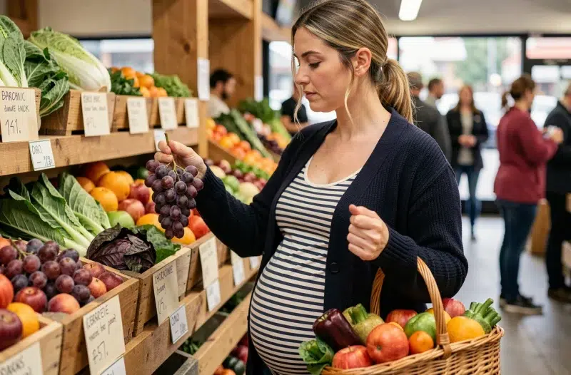Femme enceinte faisant ses courses dans un marché bio et choisissant des fruits et légumes frais