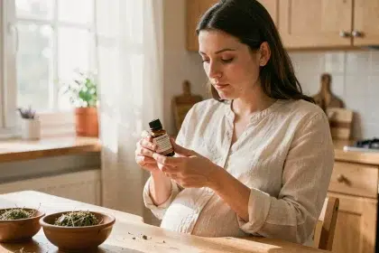 Femme enceinte lisant attentivement l'étiquette d'un flacon d'huile essentielle à la maison, illustrant les précautions à prendre pendant la grossesse